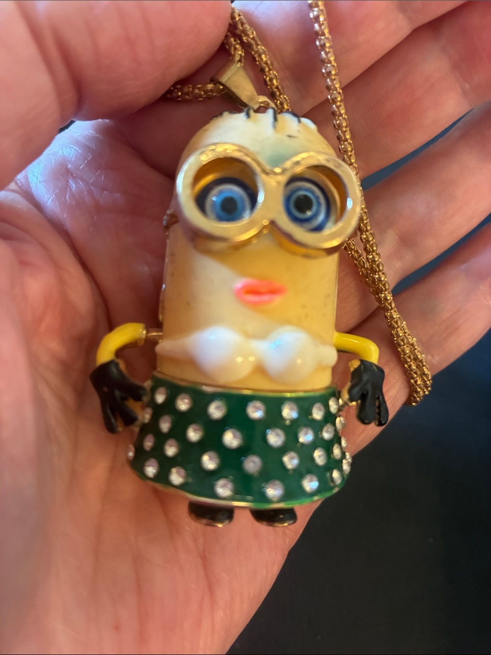 Green Rhinestone Woman Minion Pendant Necklace